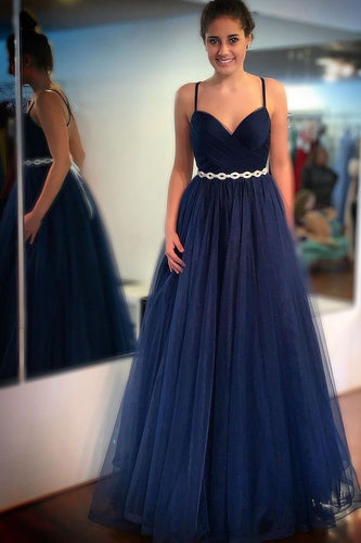 Spaghetti Straps Tulle Long Prom Dresses Waist with Beaded