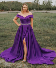 Laden Sie das Bild in den Galerie-Viewer, Plus Size Off the Shoulder Purple Prom Dresses with Slit Side