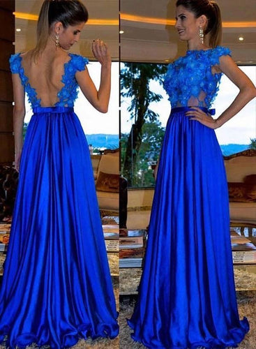 Royal Blue Prom Dresses Backless with Flower Appliques