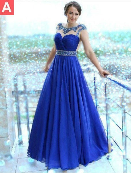 Royal Blue Chiffon Prom Dresses with Rhinestones