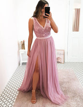 Load image into Gallery viewer, V Neck Split Side Prom Dresses with Lace