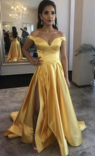 Load image into Gallery viewer, Off the Shoulder Gold Slit Side Prom Dresses