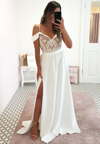 Spaghetti Straps Split Prom Dresses with Lace