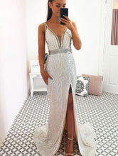 Laden Sie das Bild in den Galerie-Viewer, Silver Spaghetti Straps Prom Dresses with Split Side