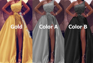 One Shoulder Slit Side Prom Dresses Detachable Skirt Sparkly Sequins