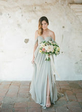 Load image into Gallery viewer, Off the Shoulder Light Sage Green Bridesmaid Dresses