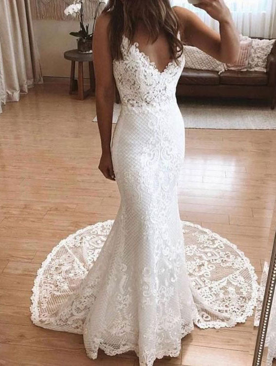 Deep V Neck Wedding Dresses Bridal Gown with Appliques