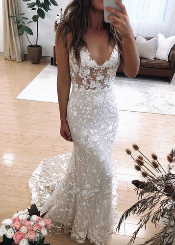 Deep V Neck Wedding Dresses Bridal Gown with Appliques