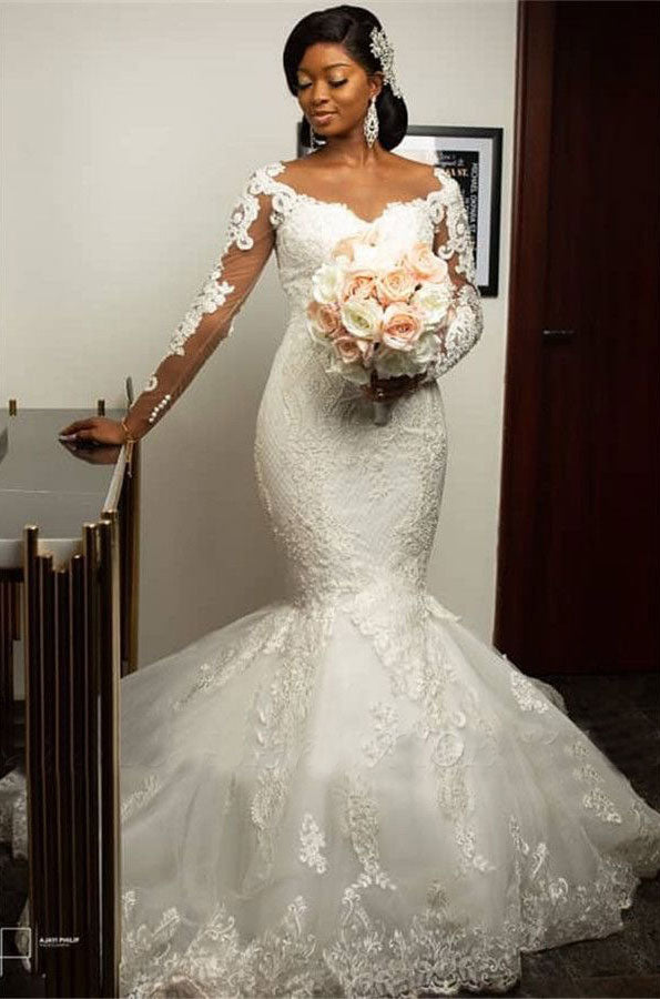 Mermaid Wedding Dresses Bridal Gown with Appliques Full Sleeves