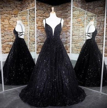 Cargar imagen en el visor de la galería, Spaghetti Straps Black Prom Dresses  Sparkly Gowns