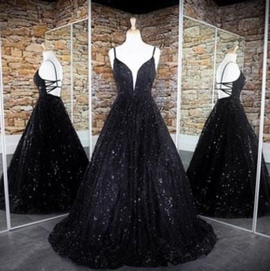 Spaghetti Straps Black Prom Dresses  Sparkly Gowns