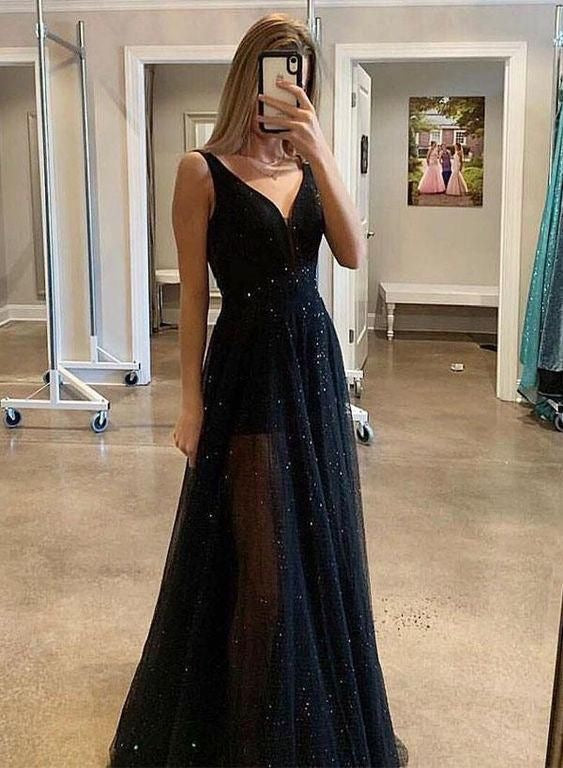 V Neck Black Long Prom Dresses for Women