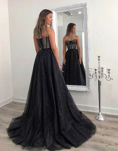 Strapless Sparkly Black Long Prom Dresses