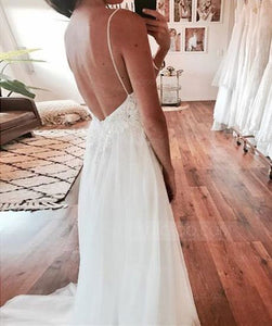 Sexy Spaghetti Straps Backless Long Prom Dresses with Appliques Beaded