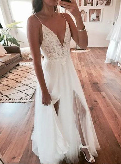 Sexy Spaghetti Straps Backless Long Prom Dresses with Appliques Beaded