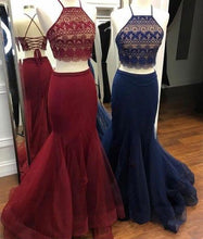 Load image into Gallery viewer, Sexy Two Piece Burgundy/Navy Blue Mermaid Prom Dresses with Lace