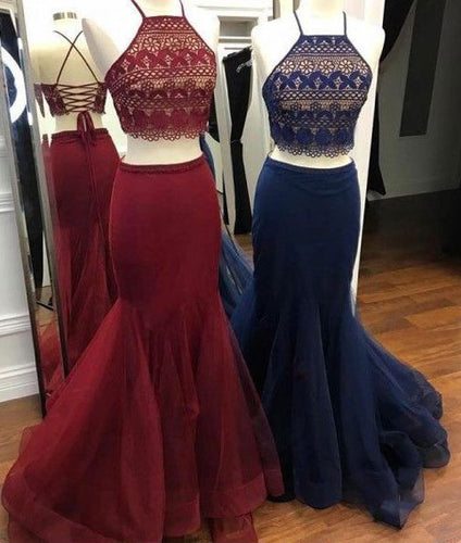 Sexy Two Piece Burgundy/Navy Blue Mermaid Prom Dresses with Lace