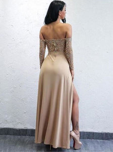 Sexy Long Sleeves Split Side Long Prom Dresses with Appliques