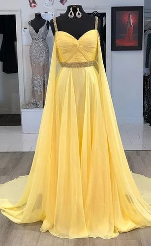 Straps Yellow Long Prom Dresses with Rhinestones