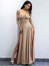 Load image into Gallery viewer, Sexy Long Sleeves Split Side Long Prom Dresses with Appliques