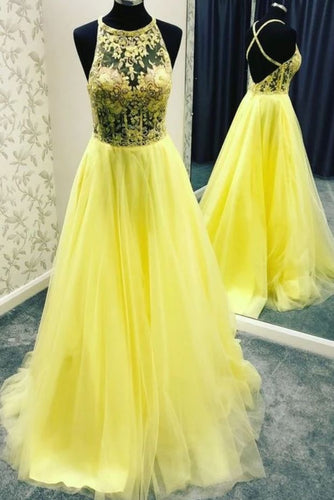 Yellow Prom Dresses with Appliques Flowers Criss Cross