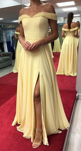 Off the Shoulder Light Yellow Prom Dresses with Silt Side