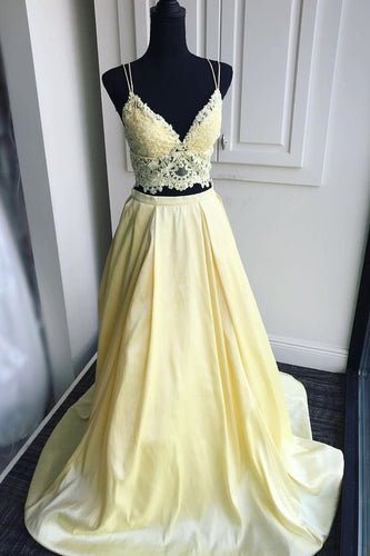 Two Piece Spaghetti Straps Prom Dresses with Lace