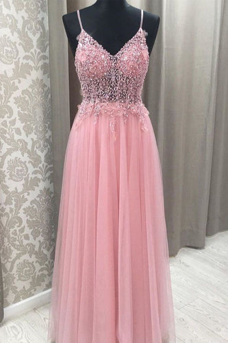 Spagehtti Straps Long Prom Dresses with Rhinestones