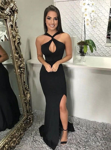 Halter Black Prom Dresses with Slit Side Under 100