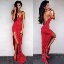 Load image into Gallery viewer, Spaghetti Straps Slit Side Prom Dresses with Appliques