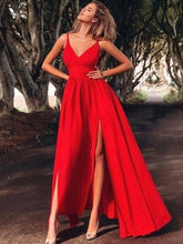Load image into Gallery viewer, V Neck Red Slit Side Prom Dresses Under 100
