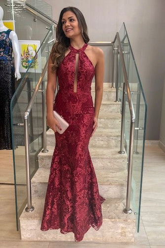 Halter Lace Sheath Long Prom Dresses with Keyhole