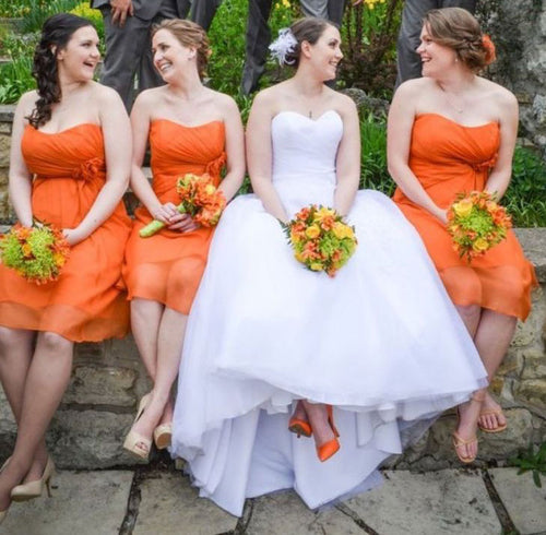 Short Burnt Orange Bridesmaid Dresses with Handmade Flower