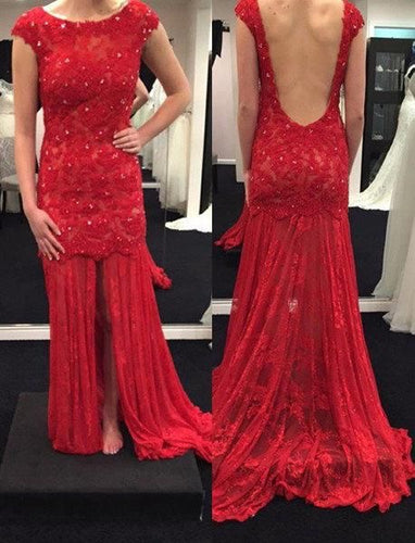 Lace Red Long Prom Dresses with Appliques