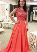 Load image into Gallery viewer, Cap Sleeves Chiffon Long Prom Dresses with Rhinestones