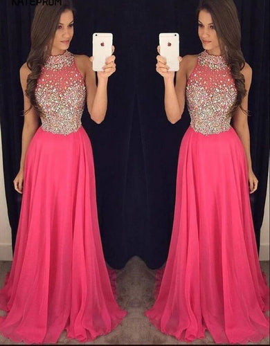 High Neck Long Prom Dresses with Rhinestones