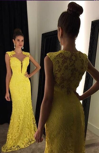 Lace Yellow Long Prom Dresses