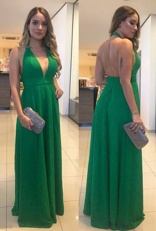 Halter Green V Neck Lace Prom Dresses