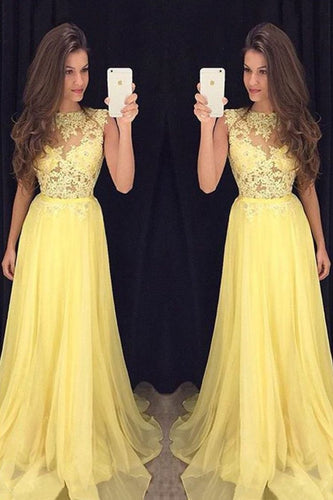 Yellow Long Prom Dresses with Appliques