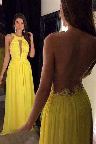 Yellow Halter Prom Dresses with Keyhole