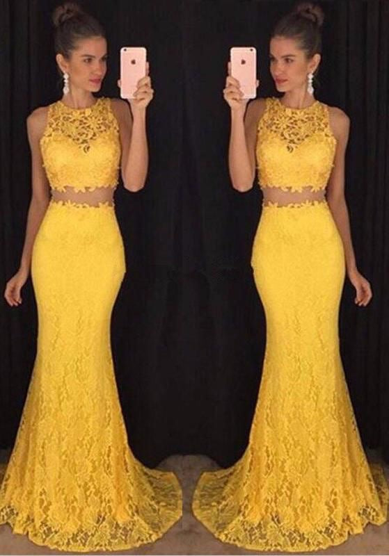 Two Piece Lace Mermaid Yellow Prom Dresses