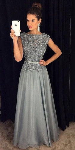 Gray Long Prom Dresses with Appliques