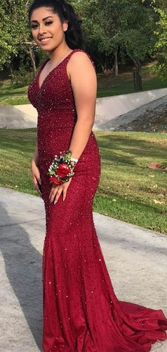 Mermaid V Neck Long Prom Dresses with Beaded