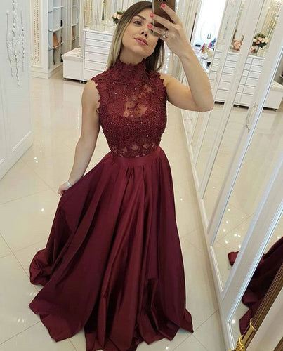 Burgundy High Neck Long Prom Dresses with Appliques
