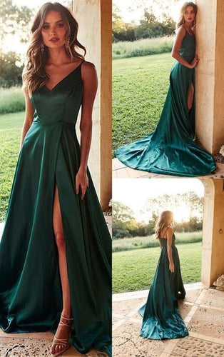 Spaghetti Straps Green Slit Side Prom Dresses