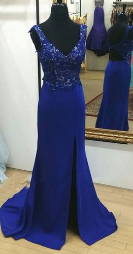 V Neck Split Side Long Prom Dresses with Appliques