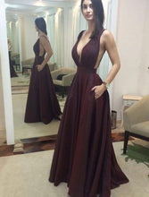 Load image into Gallery viewer, Deep V Neck Burgundy Chiffon Prom Dresses for Wedding