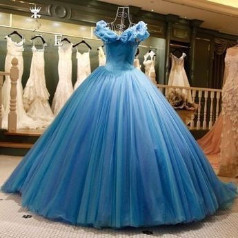 Off the Shoulder Blue Prom Dresses Princess Gown with Butterflies