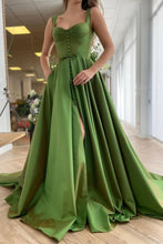 Load image into Gallery viewer, Olive Green Long Split Prom Dresses with Buttons