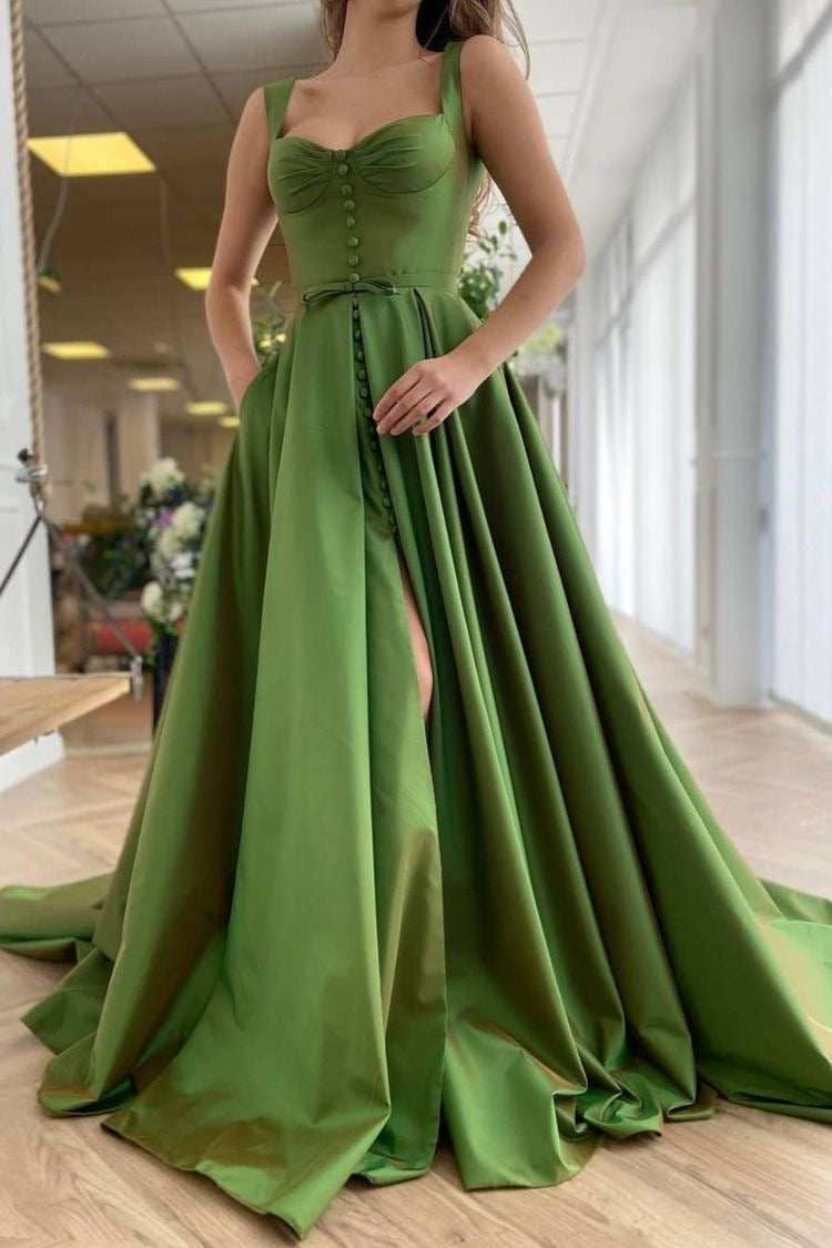 Olive Green Long Split Prom Dresses with Buttons